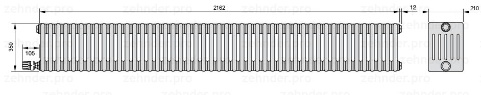 Схема (чертеж) Радиатор Zehnder Charleston 6035/47 №V003 Белый глянцевый RAL 9016